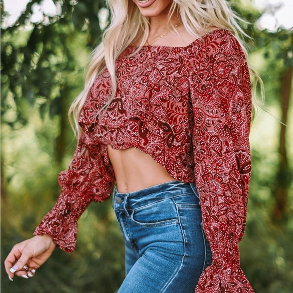 Square Neck Floral Bandana Crop Blouse Bohemian Top - Picture 4 of 15